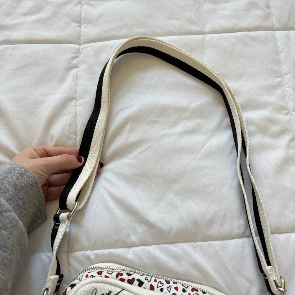 Brighton Love Scroll Canvas‎ Crossbody Bag Purse White Red Black Hearts